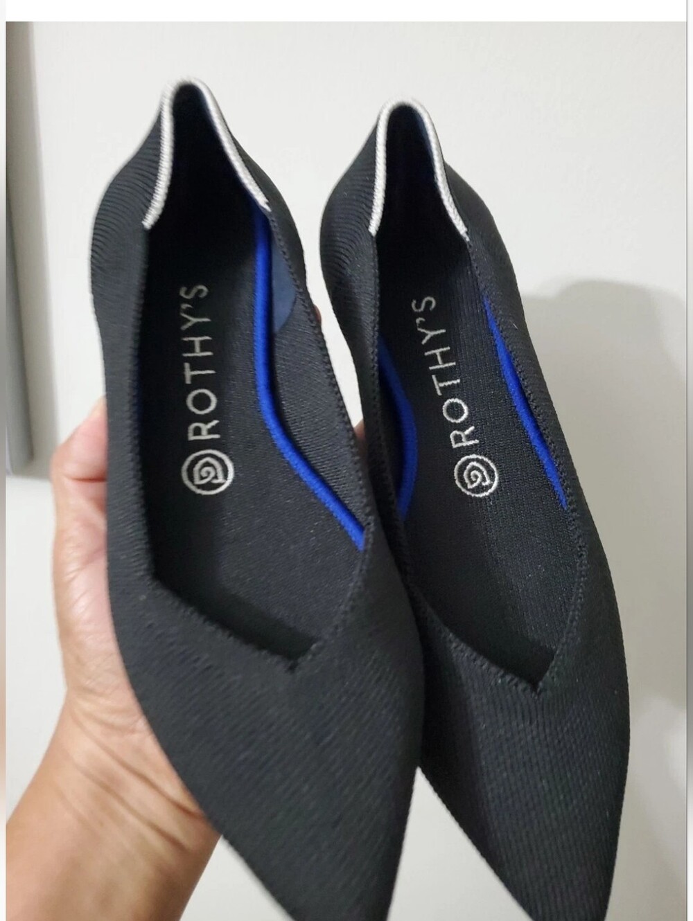 Rothy's Black Pointed Knit Flats with Blue Insole Accent
